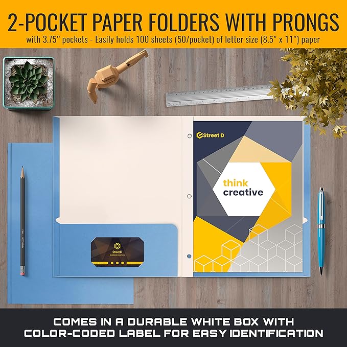 Better Office Products Light Blue Paper 2 Pocket Folders with Prongs, 50 Pack, Matte Texture, Letter Size Paper Folders, 50 Pack, with 3 Metal Prong Fastener Clips, Light Blue