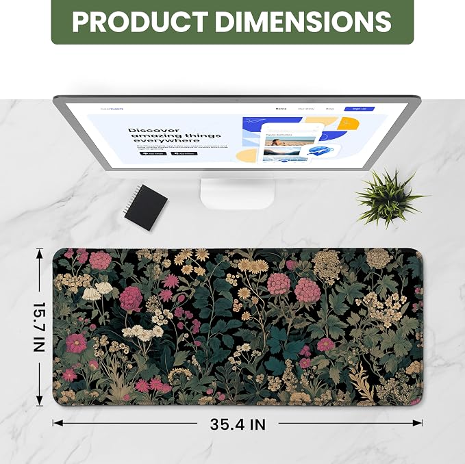 Aesthetic Desk Mat, Cute Vintage Garden Desk Pad Protector for Work & Decor, 35.4" x 15.7", Pretty Non-Slip Extended Mouse Pad for Office or Home