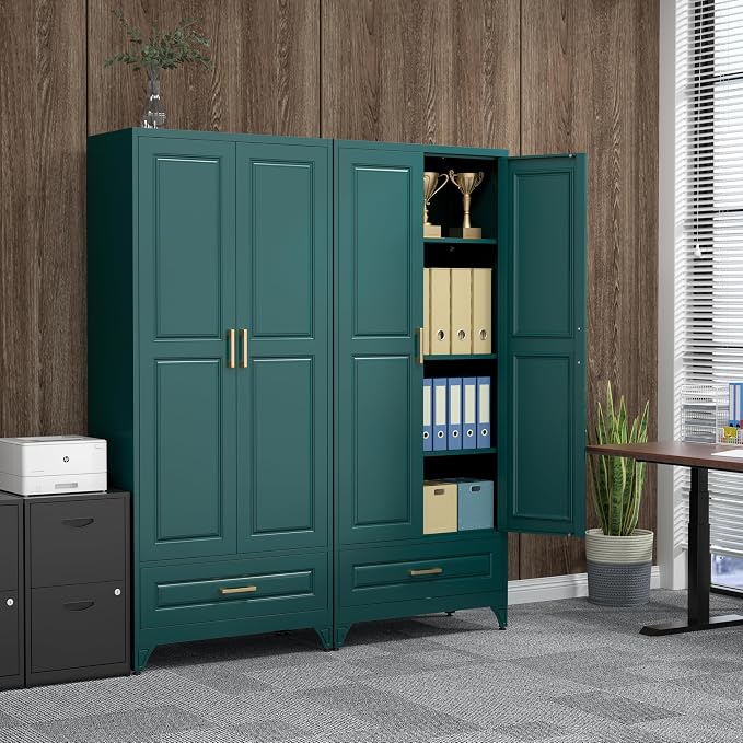 75" Tall Metal Kitchen Pantry Cabinet, Storage Cabinet with Doors | Kitchen Cabinet with Drawer & 3 Adjustable Shelves, Tall Food Pantry, Cupboard for Kitchen, Dining Room, Garage & Office