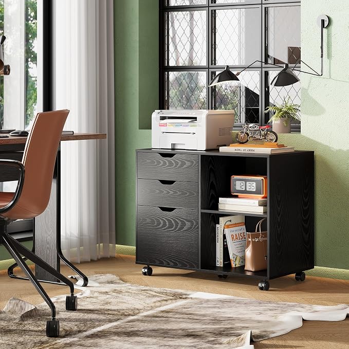 DEVAISE 3-Drawer Wood File Cabinet, Mobile Lateral Filing Cabinet, Printer Stand with Open Storage Shelves for Home Office, Black | Mobile Printer Stand, Open Storage Shelves, Letter & A4 Compatible, Wood, Home Office