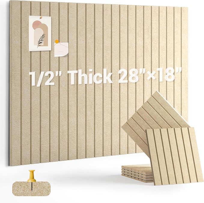 28" x 18" Felt Bulletin Board Tiles 1/2" Thick, Tan | 6 Pack Felt Tiles, Large Cork Board Alternative, 30 Adhesive Tabs, Pin Board for Home Office Decor with Easy Install