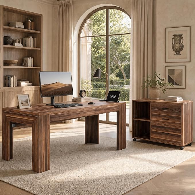 Tribesigns L Shaped Executive Desk with Drawers,Light Walnut | Large Office Desk with Rolling File Cabinet Combo,Home Office Computer Desk,Wooden Desk with Long Front Baffle