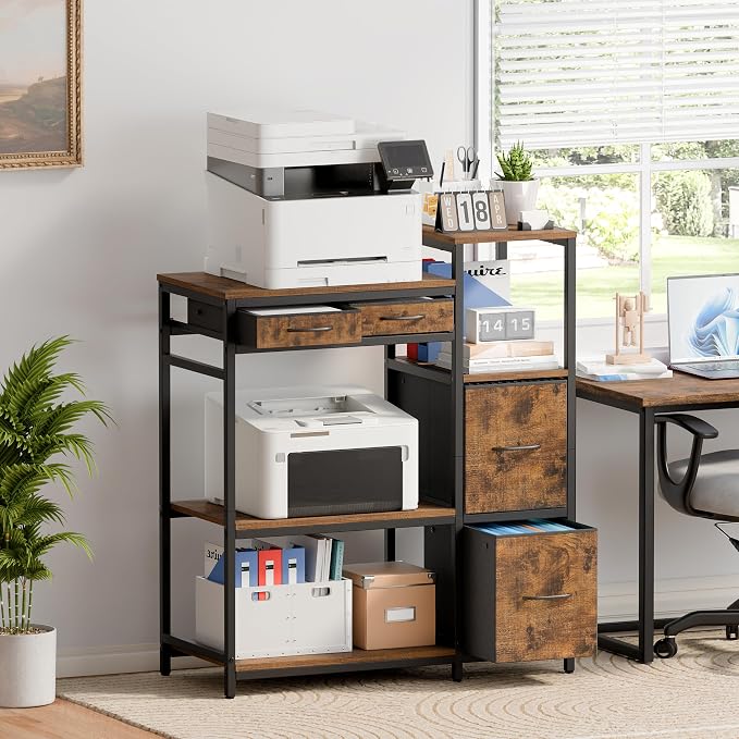 JUSTOGO Printer Stand with 4 Drawer, Extra Large File Cabinet | Extended Shelf for Large Printer, Holds 2 Large Printer, 5 Tier Open Storage, Filing Cabinet for Home Office, Printer Table