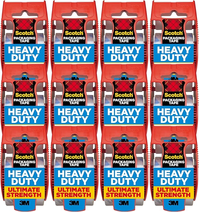 Scotch Heavy Duty Packaging Tape 12 Rolls (1.88" x 22.2 yd, 1.5" Core) - Clear Packing Tape with Dispensers, Strong Adhesive for Shipping, Moving & Mailing, Durable Easy-Unwind Design