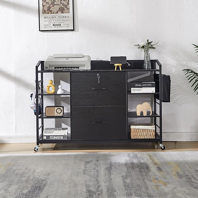 45" File Cabinet for Home Office, Mobile Office Storage Cabinet with Built-In Power Outlet, 2 Drawer Filing Cabinet with Lock, Shelves, Metal Hook, Storage Bag fits A4/Legal/Letter Size (Black)