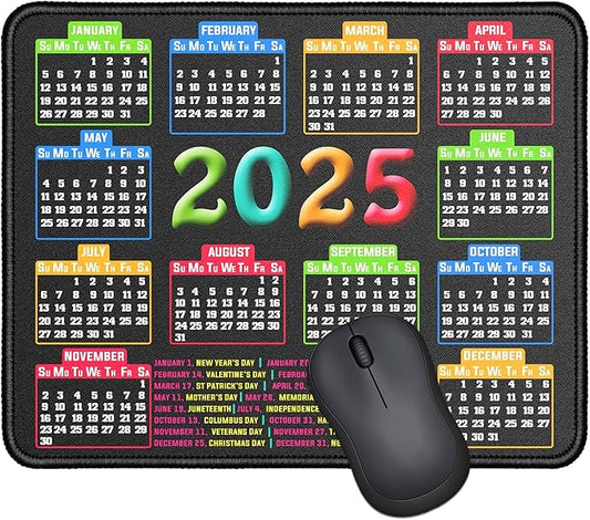 Mouse Pad with Stitched Edge, Computer Mouse Pad with Non-Slip Rubber Base, Mouse Pads for Computers Laptop Mouse 9.6x7.9x0.1 inch, (2025 Calendar Black)