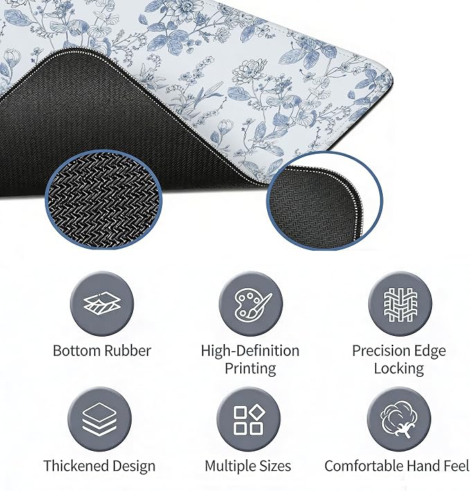 Light Blue Mouse Pad, Blue Flroal Desk Mat for Desk 31.5x11.8 | Light Blue And White Desk Mat, Chinoiserie Desk Mat Aesthetic, Flroal Desk Pad For Computers Office, Blue Office Supplies