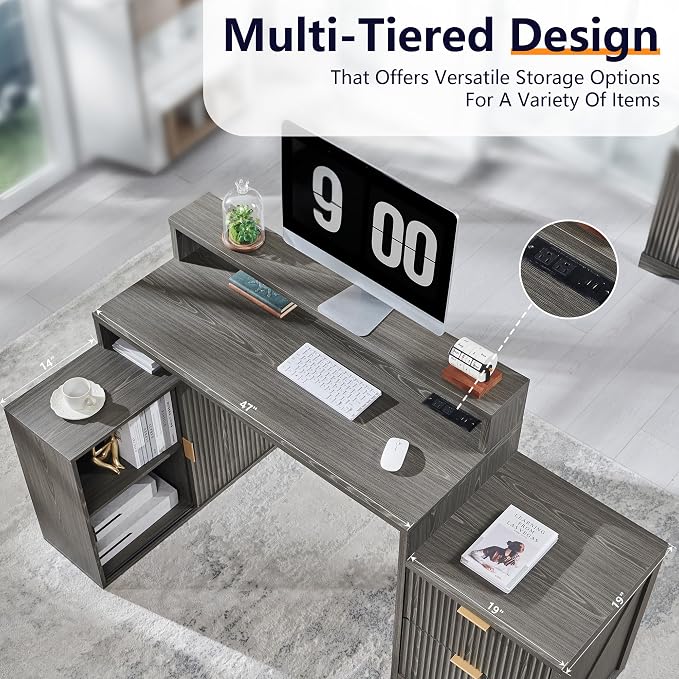 67"Modern Desk with Cabinet & 2 Drawers, Fluted Office Desk Built‑in Outlet | L Shaped Desk ,storage cabinet with sliding doors, Wood Home Office Desk, Fluted Computer Writing Desk, Grayish Green