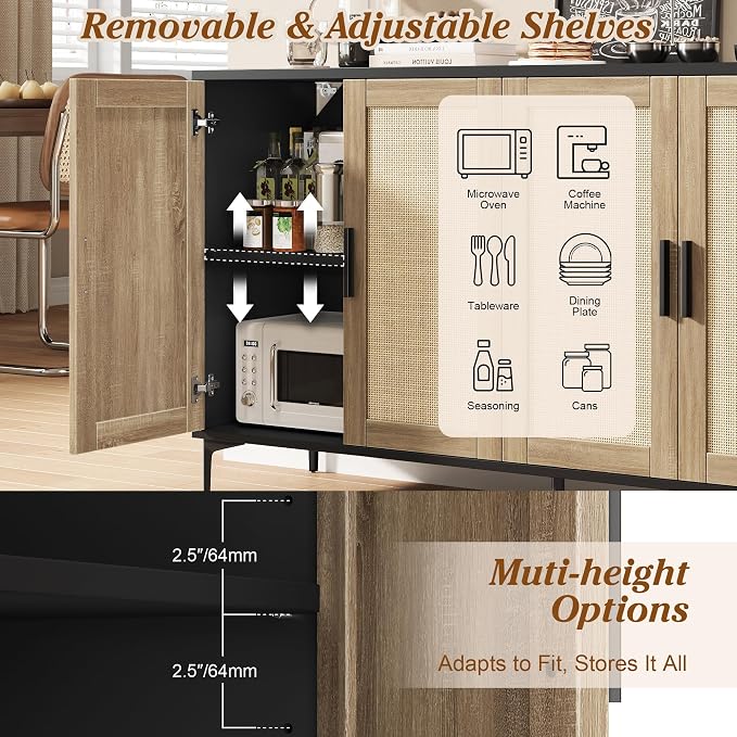 JASIWAY Sideboard Buffet Cabinet with Storage, 48" Rattan Coffee Bar | Credenza Storage Cabinet With Doors and Shelves, Black Rattan Cabinet for Dining Room, Entryway and Living Room, Anti-Tip