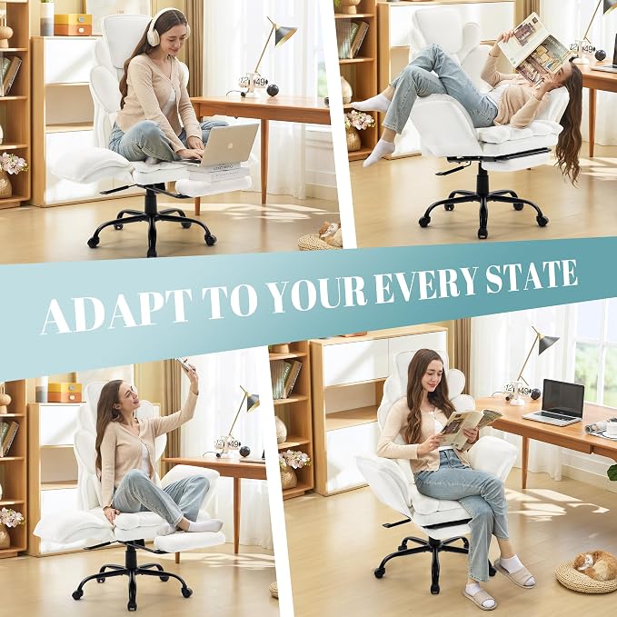 Flip Armrests Criss Cross Office Chair, Reclining Office Chair with Foot Rest, Adjustable Headrest, Massage Waist Pillow, Cross Legged Big and Tall Desk Chair Wide Seat Vanity Chair, White Fabric