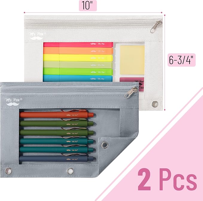 Mr. Pen- Pencil Pouch for 3 Ring Binder, 2 Pack, 10"x6.75", Smooth Zipper | Clear Window, Large Capacity Pencil Case with 3 Reinforced Grommets for School, Office, Supplies Storage | Clear Window, Large Capacity Pencil Case with 3 Reinforced Grommets f...