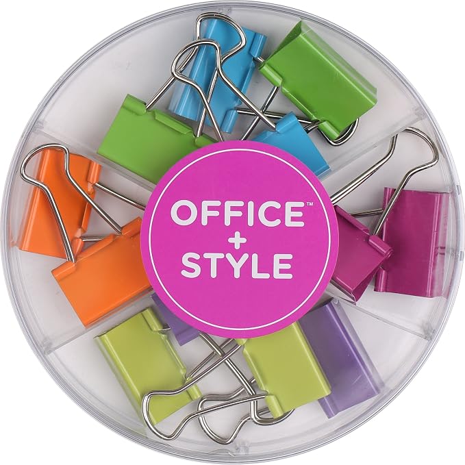 Medium Sized Binder Clips with Clear Plastic Storage Container - 12 Pieces - Large