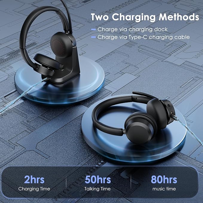 Mopchnic Wireless Headset with Noise Cancelling Microphone, On-Ear Bluetooth Headset with USB Dongle, Mute Function & Charging Base, Wireless Headphones for Work from Home and Call Center (Black)