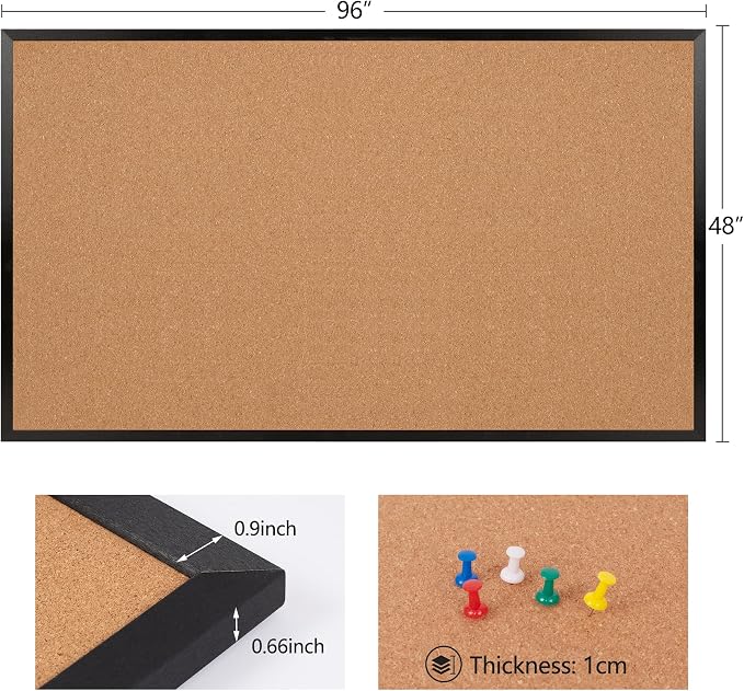 Extra Large Cork Bulletin Board 96" X 48", Black Wood Framed 8'x4' Corkboard for Wall, Wall Mounted Notice Pin Board with 18 Push Pins for School, Home & Office