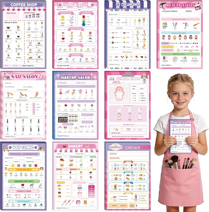 TICIAGA Kids Pretend Play Notepads - 10PCS Pink 4x6 In Playtime Pad Included Bakery Nail Salon Vet Doctor Visit Coffee Notepad 30 Page Pretend Notebook Imaginative Role for Toddler Kid Play Game, Girl