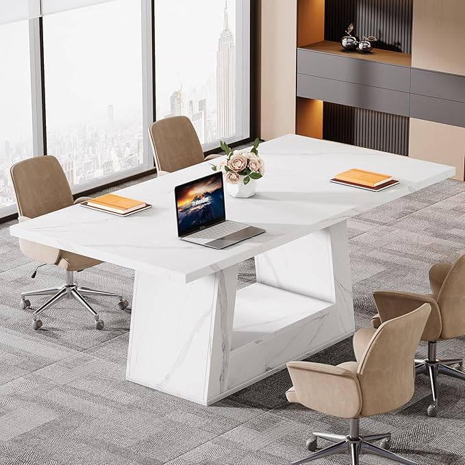Tribesigns Modern Computer Desk, 63-Inch Large Office Desk Workstation, Simple Style Executive Desk Study Table with Sturdy Base, Wooden Faux Marble Writing Desk for Home Office, White
