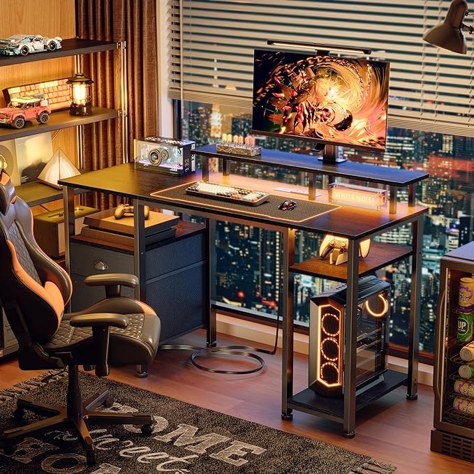 Furologee 51" Gaming Desk with Power Outlets & LED Lights, Reversible Computer Desk with File Cabinet & Monitor Stand for Home Office, Large Work Table with Storage Shelves & Drawer, Black