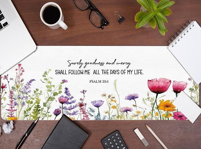 Flroal Christian Desk Mat, Bible Verses Large Mouse Pad 31.5x11.8 | Surely Goodness and Mercy, Flroal Gaming Mouse Pad, Bible Inspiration Gifts, Christian Office Decor for Women