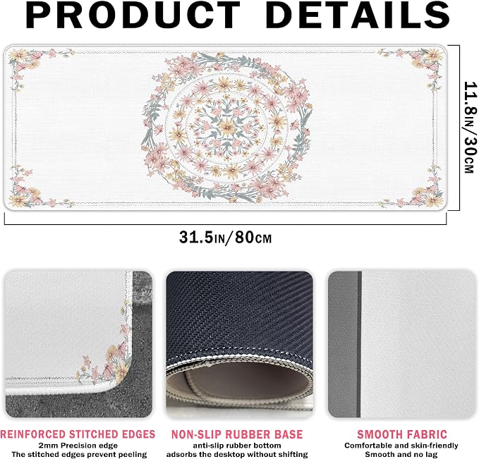 Boho Mouse Pad Mandala Desk Mat, Spring Summer Mouse Pad for Desk Large, Boho Desktop Mats Aesthetic French Countryside Computers Pads for Desk Office Dorm Women 31.5x11.8