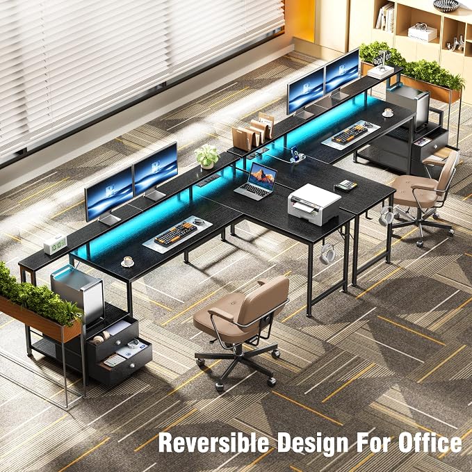 Korfile 66'' L Shaped Gaming Desk with Storage Drawers, Power Outlets, LED | Large Reversible Computer Desk for Multiple Monitors, Black Corner with CPU Stand for Gaming, Work, Home Office, Bedroom
