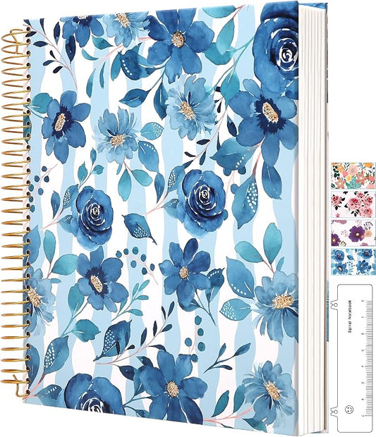 CAGIE Hardcover Spiral Notebook 8.5 x 11 for Women, College Ruled, Blue | with Large Pocket, Ruler, Aesthetic Floral Note Book Spiral Bound Notebooks for Work Note Taking Writing School, 200 Pages