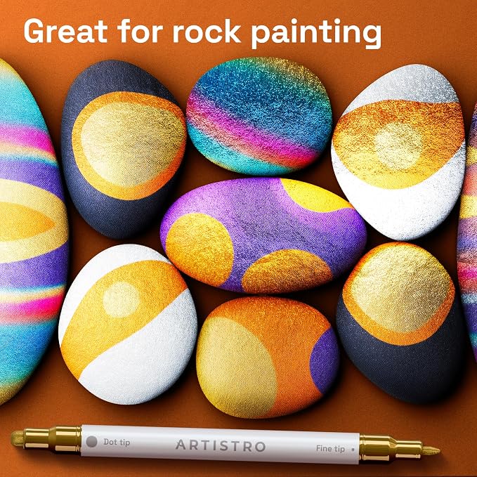 ARTISTRO Metallic Dual-Tip Acrylic Paint Marker Pens - Set of 12 | For Fabric, Rock, Glass, Wood, & Coloring Books, Arts & Crafts Gift, Classroom Must Haves & School Supplies (Dot & Fine Tips)