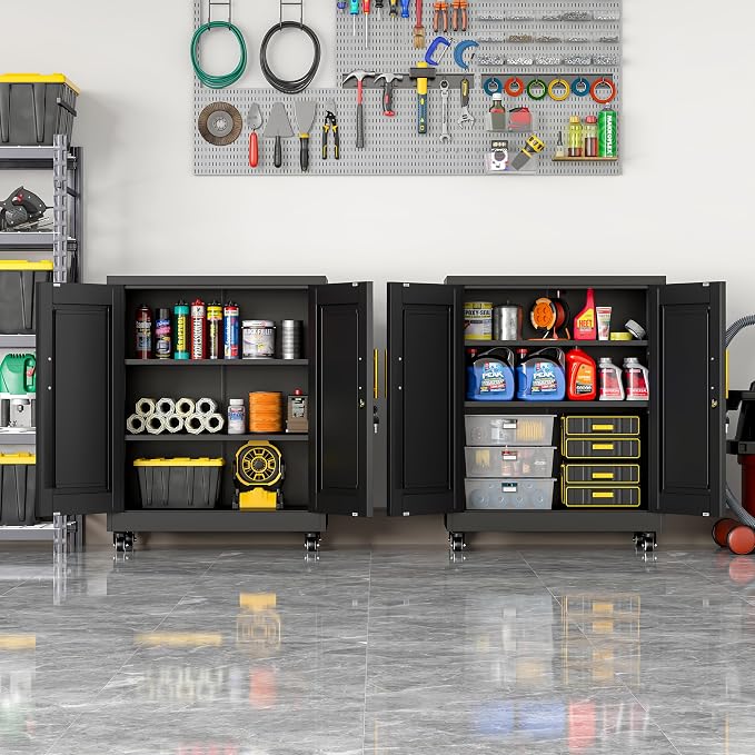 36" Metal File Garage Storage Cabinet with Lock and Wheels,Rolling Steel Locker Organizer,Office File Cabinet with 2 Doors and 2 Adjustable Shelves,Tool Cabinets for Home Office,Gym,School (Black)