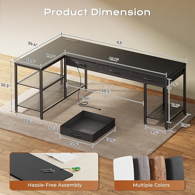 63 Inch L Shaped Office Desk with Power Outlets and Type-C Port, Large Computer Gaming Desk with 3 Fabric Drawers, Mesh Shelves, Corner Study Work Writing Desk, Black