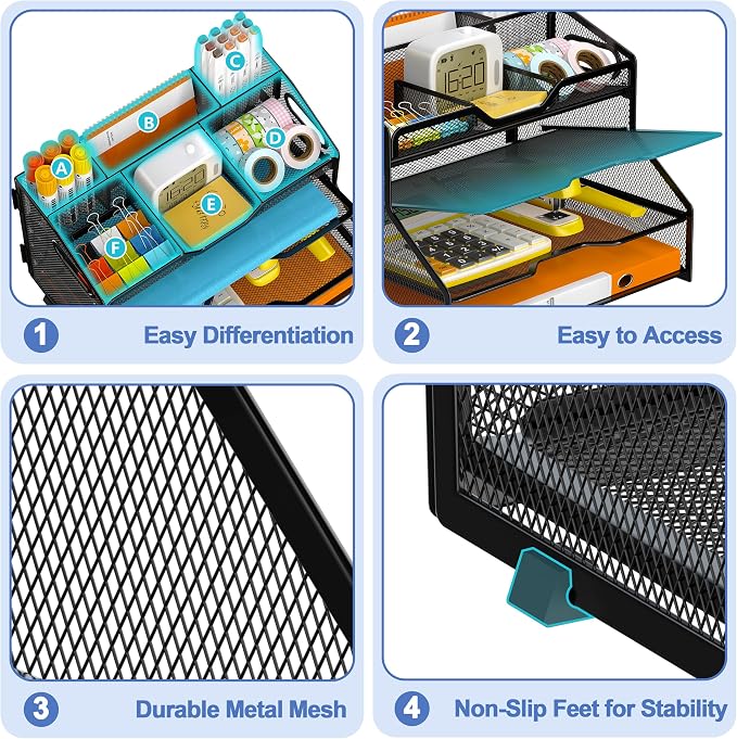 4 Tier Metal Desk Organizer with Magazine File Holder, Black | Space saving workspace desk file trays. Includes pencil holder and portable handles. Ideal for school and office supplies