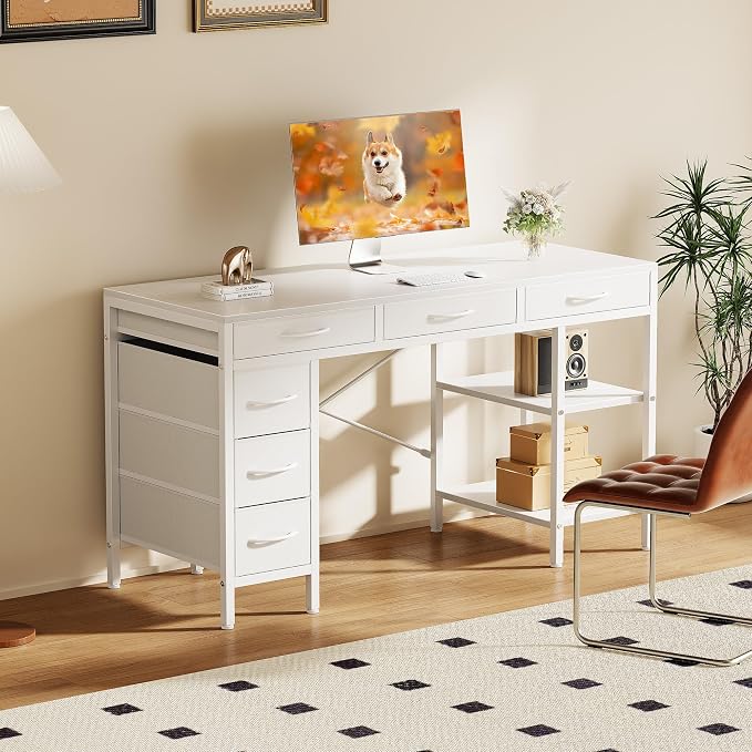 Sweetcrispy 55" Computer Desk with 6 Fabric Drawers & Storage Shelves | Reversible Gaming Desk, Office Desk, Computer Workstation, Corner Desk with Storage, Home Office, Living Room, White