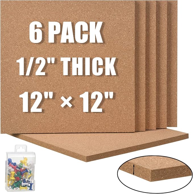 SUNGIFT Cork Board 12"x12" - 1/2 Inch Thick Self-Adhesive Tiles, 6 Pack | Square Bulletin Boards Cork Tiles with 50 Push Pins for Walls in Home, Office, Dorm, Photos, Notes
