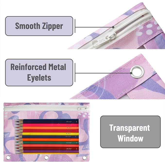 Mr. Pen- Pencil Pouch for 3 Ring Binder, 2 Pack, 10"x6.75", Smooth Zipper | Clear Window, Large Capacity Pencil Case with 3 Reinforced Grommets for School, Office, Supplies Storage
