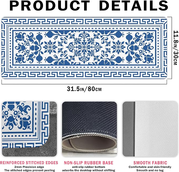 Blue Flroal Desk Mat, Blue and White Mouse Pad for Desktop 31.5x11.8 | Flower Mouse Pad For Desk, Chinoiserie Desktop Mats,Blue White Office Decoration Aesthetic, Blue Computers Pads