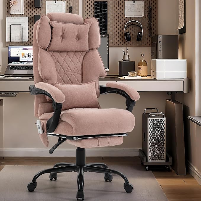 Massage Office Chair with Foot Rest,6 Points Vibration & Heat Executive Office Chairs for Heavy People,500LBS Big and Tall Office Chair,Ergonomic Reclining Desk Chair, PinkCloth