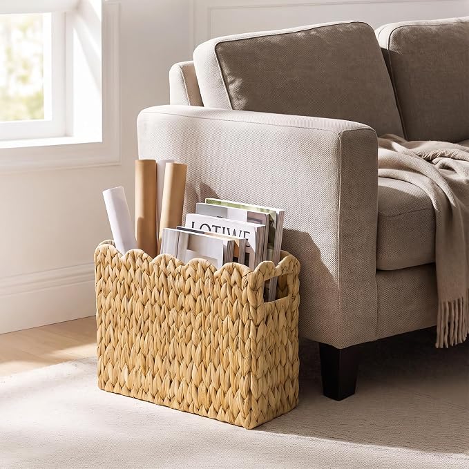 Magazine Holder with Handle, Handwoven Magazine Basket | Decorative Water Hyacinth Wicker Magazine Rack for Books, Files, Newspapers, Book Basket Organizer for Office, Living Room