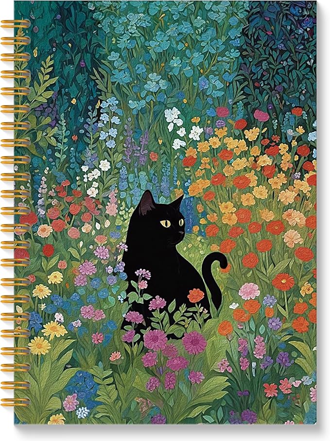 Wildflower Black Cat Spiral Notebook, Black Cat Gifts Journal, Cats Lovers Mom Lady Gifts Journal Notebook, 5.5x8.3 Inch