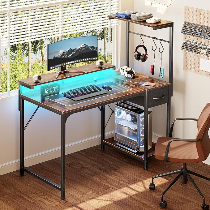 39.4 Inch Gaming Desk with LED Lights & Power Outlets | Small Computer Desk with Drawer & Storage Shelves, Office Writing Desk with Monitor Stand for Work from Home, Rustic Brown