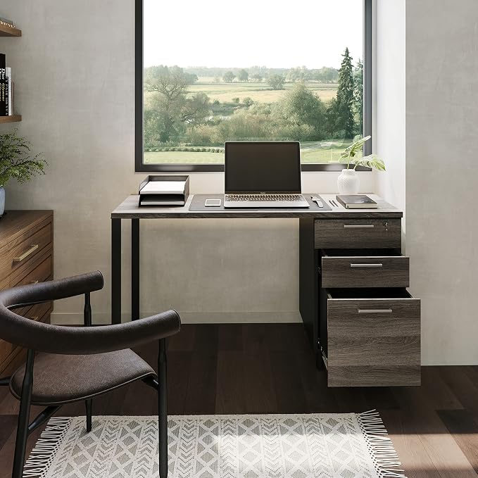 Modern Design Milano Office Computer Desk with 3 Locking Drawers, 48 Inch Grey and Black Industrial Wood Desk with Filing Drawer and Storage by Crafts and Comfort