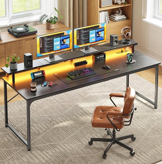 63 inch Gaming Desk, LED & Power Outlets, Monitor Stand, Black | Sturdy PC Desk for Home Office, Study & Work, LED Lights, 4 AC Outlets & USB-C Charging Station