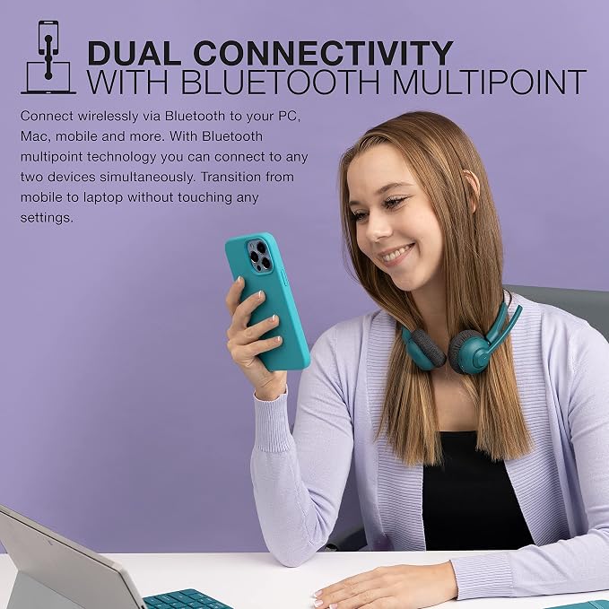 JLab, Go Work Pop, On-Ear Wireless Headset, Bluetooth Multipoint, Noise Canceling Boom Mic, Teal