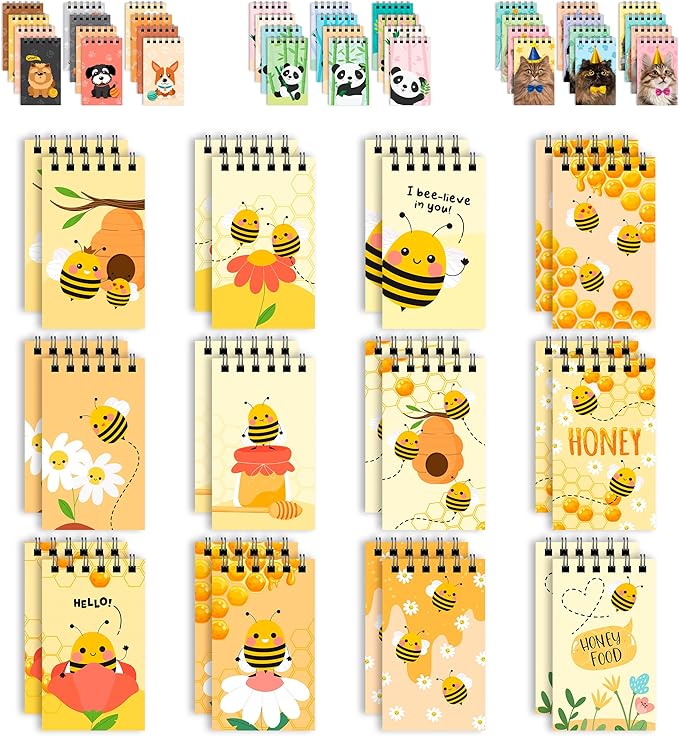Decorably 24 Pack Spiral Bumble Bee Party Favors for Kids - 12 Colorful Designs 2.4x4in Mini Notepads, Spring-Bound with 20 Sheets - Gifts for Birthday, Baby Shower, Children's Party, School