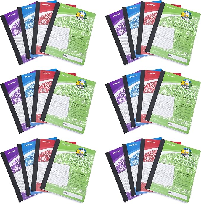 Mintra Primary Composition Notebook, 24 units 6-4 Pack, Assorted Colors, 80 Sheets, 7.5in x 9.75in, Full Sheet, Ruled with Drawing Area, Flexible Hardcover Journal, Grades K-2, School & Home Use