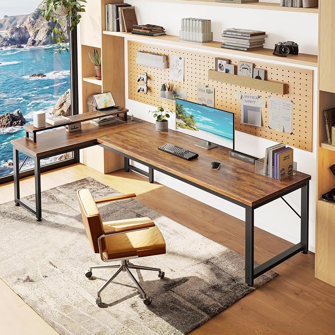 61" L Shaped Computer Desk, Outlets, Monitor Stand, Rustic Brown | USB-C Ports, Reversible Charging Station, Spacious Desktop & Legroom, 0.94 Inch Thick Desktop, for Gaming, Study & Work