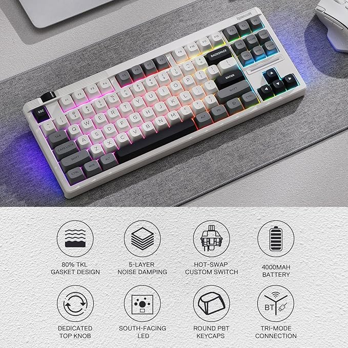 Redragon K729 PRO 80% Wireless Gasket RGB Gaming Keyboard, 3-Mode TKL Mechanical Keyboard w/Knob Control, Mix-Color PBT Keycaps, Hot-Swap South-Facing Socket & 5-Layer Dampener, Custom Silent Switch