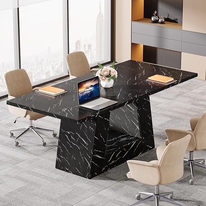 Tribesigns Modern Executive Desk, 63-Inch Large Office Desk Workstation, Simple Style Computer Desk Study Table with Sturdy Base, Wooden Faux Marble Writing Desk for Home Office, Black