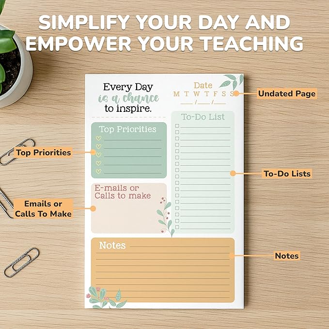 Decorably 2-Pack 50 Sheets Minimalist Undated Teacher To Do List Notepad, 5.5x8.5in Spring-Bound, Easy Tear-Off Design, with Top Priorities, Daily Focus, Contacts, Notes - Home, School