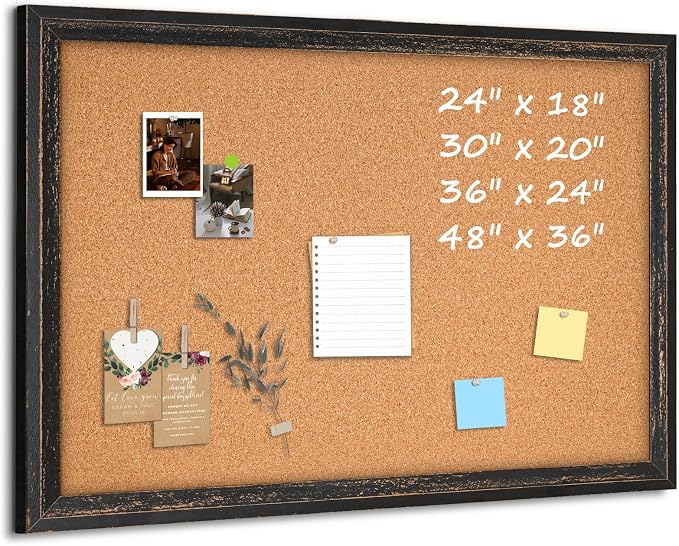 Cork Board Bulletin Board, 36"x24" Corkboard for Wall | Rustic Black Wooden Frame, Decorative Pin Board, Message Board, Notice Board, Vision Board for Home, Office, Kitchen