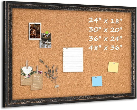Cork Bulletin Board, 36" x 24" Corkboard for Wall, Rustic Black Wooden Frame, Hanging Pin Board for Home & Office Decor, 10 Push Pins
