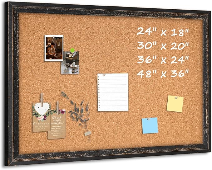 Cork Board Bulletin Board, 30"x20" Corkboard for Wall | Rustic Black Wooden Frame, Decorative Pin Board, Message Board, Notice Board, Vision Board for Home, Office, Kitchen