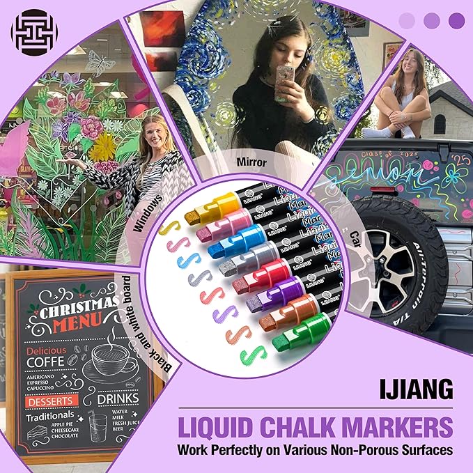 IJIANG Metallic Chalk Markers 8 Colors, Jumbo Liquid Chalk Markers with 10mm 3-in-1 Tips Perfect for Window Cars Glass Mirror and Blackboard Whiteboard Chalkboard, Dry & Wet Erase Pens